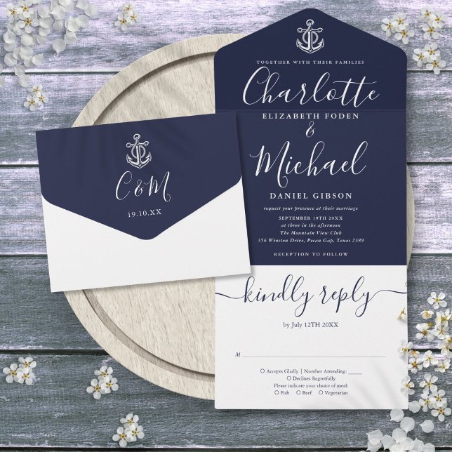 Invitation Tout En Un Mariage à l'ancre Navy Bleu Et Blanc Script (Nautical Anchor Navy Blue And White Script Wedding All In One Invitation)