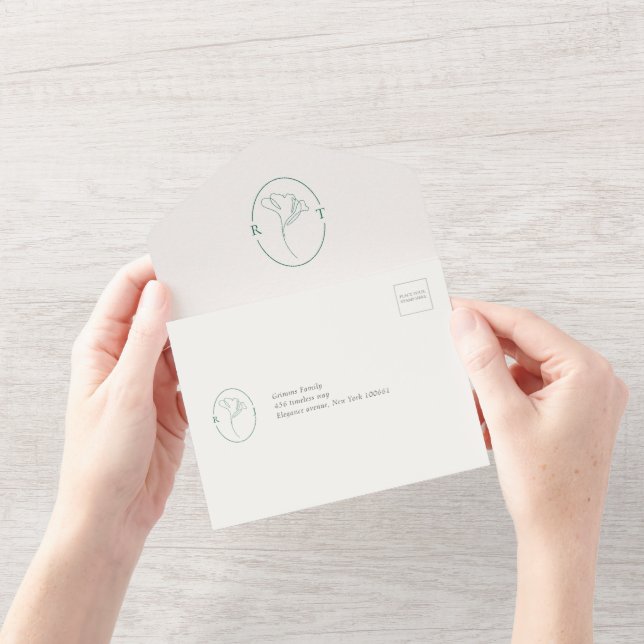 Invitation Tout En Un Mariage à l'écriture de monogramme émeraude modern (Ouverture)
