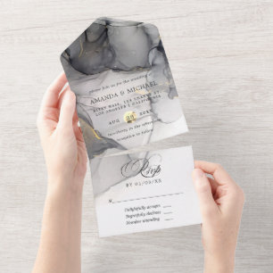 Invitation Tout En Un Mariage à l'encre d'alcool noir et or