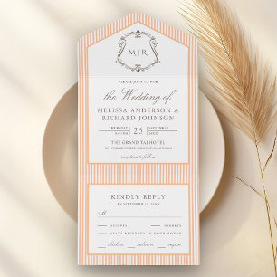 Invitation Tout En Un Mariage à monogramme de crête rayée orange classiq