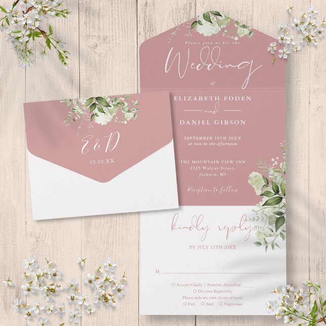 Invitation Tout En Un Mariage à Monogramme de Rose Poussiéreuse de Verdu (Dusty Rose Botanical Greenery Monogram Wedding All In One Invitation)