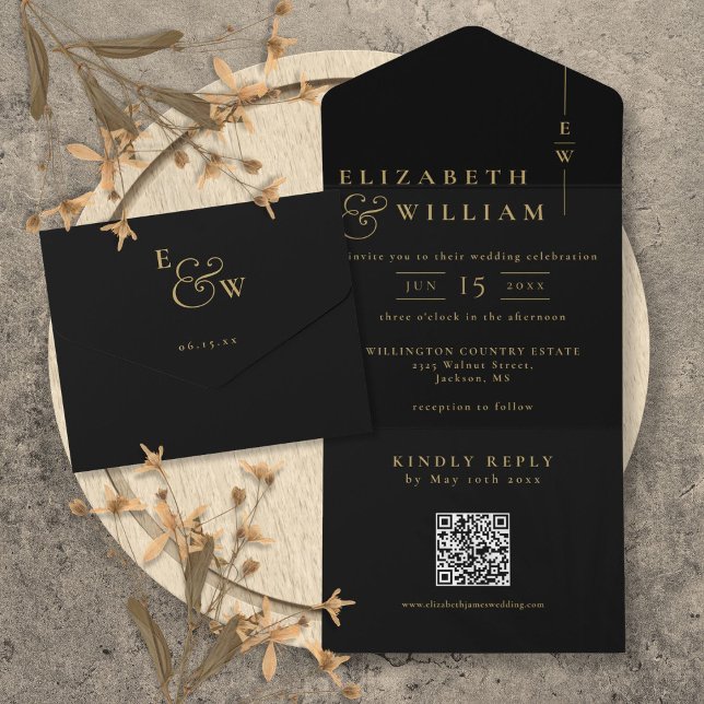 Invitation Tout En Un Mariage à monogramme élégant noir et or avec code  (Black And Gold Elegant Monogram QR Code Wedding All In One Invitation)