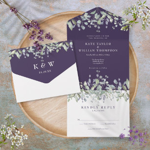 Invitation Tout En Un Mariage à Monogramme Floral Sauge Pourpre et Lilas