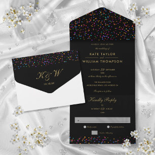 Invitation Tout En Un Mariage à Monogramme Noir et Or avec Confettis Arc