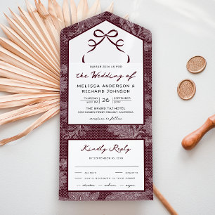Invitation Tout En Un Mariage à ruban coquette en dentelle blanche et bu