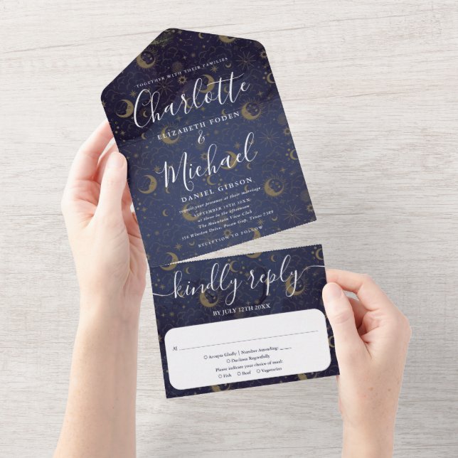 Invitation Tout En Un Mariage à script de signature céleste (Déchirure)