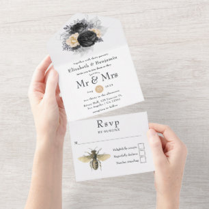 Invitation Tout En Un Mariage abeilles florales noir vintage, or et arge