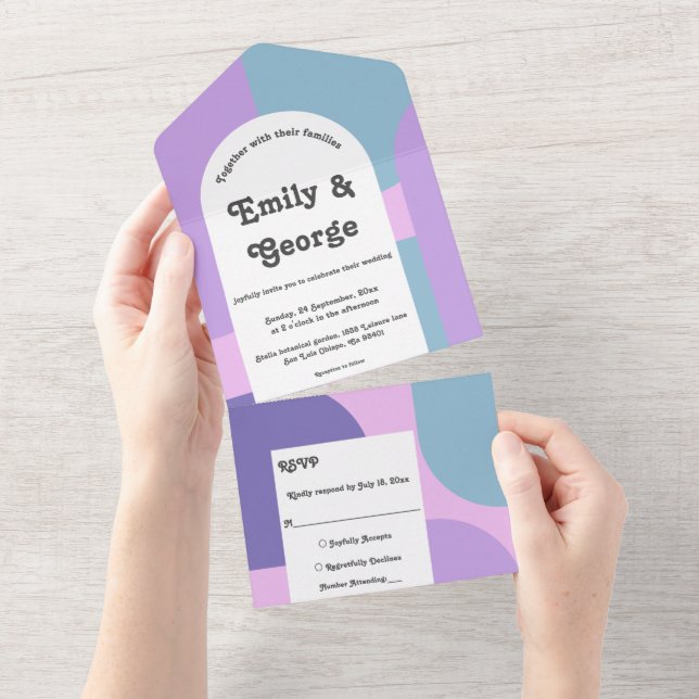 Invitation Tout En Un Mariage Abstrait moderne Pastel Blue Purple Retro (Déchirure)