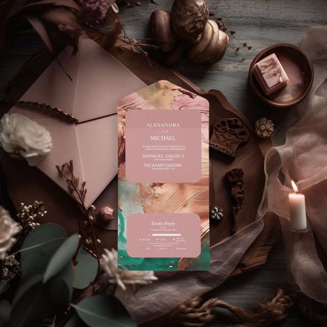 Invitation Tout En Un Mariage abstrait or rose et vert émeraude (Créateur téléchargé)