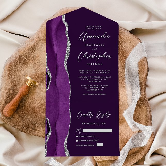 Invitation Tout En Un Mariage Agate Violet Argent Prune (Créateur téléchargé)