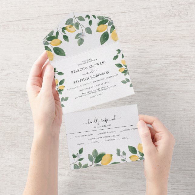Invitation Tout En Un Mariage aquarelle botanique citron et verdure (Déchirure)