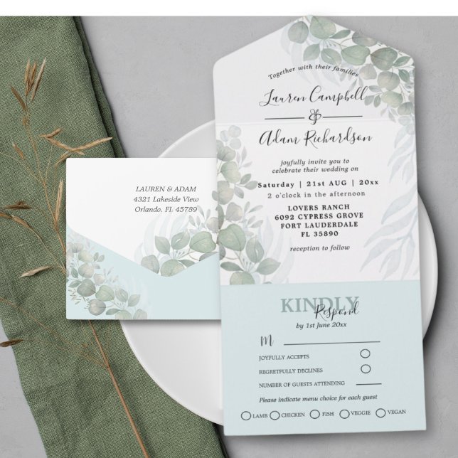 Invitation Tout En Un Mariage aquarelle de verdure d'eucalyptus rustique (Créateur téléchargé)