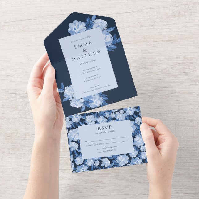 Invitation Tout En Un Mariage aquarelle florale bleue fantaisiste (Déchirure)