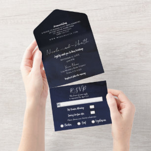 Invitation Tout En Un Mariage Aquarelle Moderne Bleu Nuit Variable  