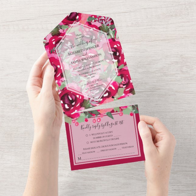 Invitation Tout En Un Mariage Aquarelle Pink Peonies (Déchirure)