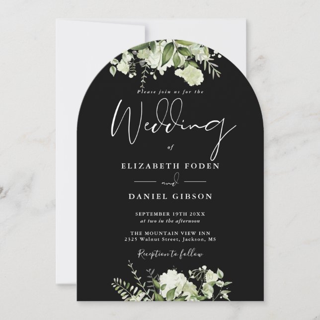 Invitation Tout en Un Mariage Archée de verdure noir et blanc (Devant)