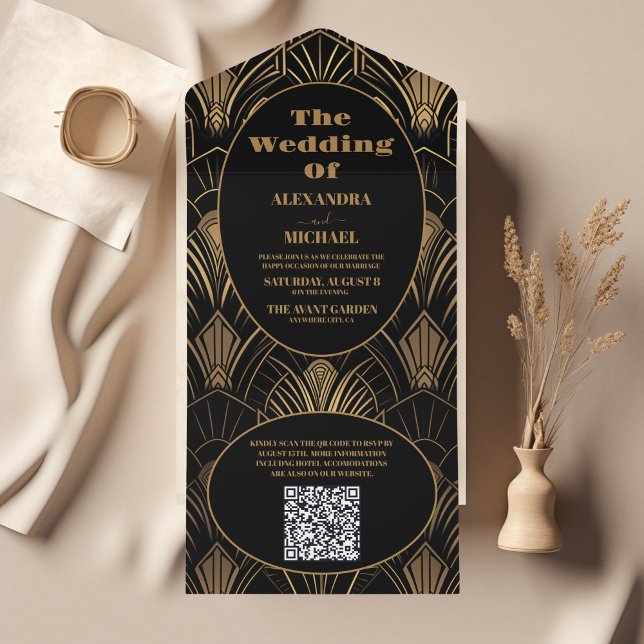 Invitation Tout En Un Mariage art déco géométrique de code QR (Créateur téléchargé)