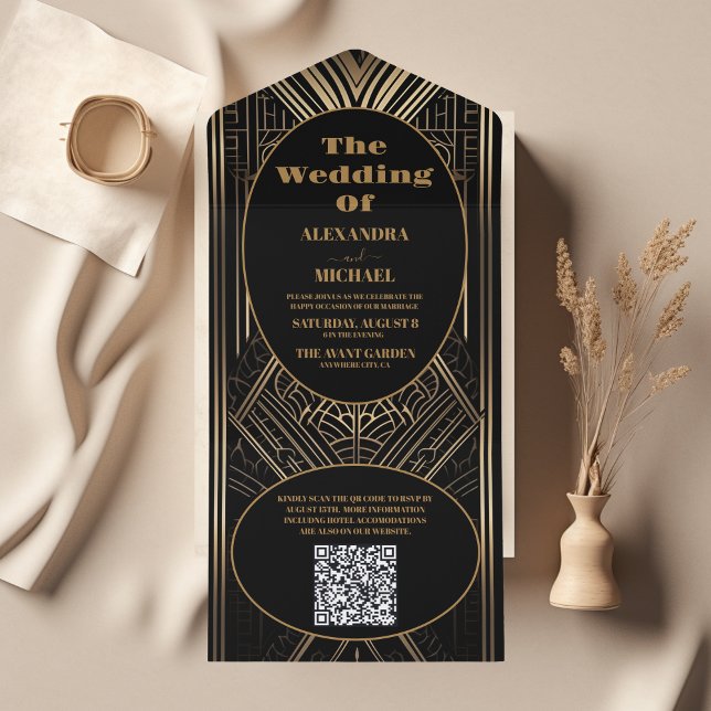 Invitation Tout En Un Mariage art déco géométrique de code QR (Créateur téléchargé)