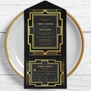 Invitation Tout En Un Mariage Art déco rétro à cadre Gatsby or et noir