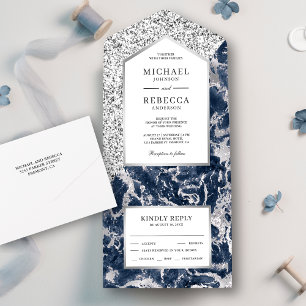 Invitation Tout En Un Mariage au Marbre Pailleté Bleu et Argent