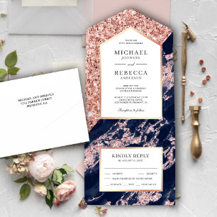 Invitation Tout En Un Mariage au Marbre Pailleté Bleu Nuit et Or Rose