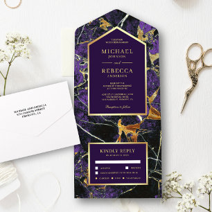 Invitation Tout En Un Mariage au Marbre Violet Royal avec Feuille de Dor