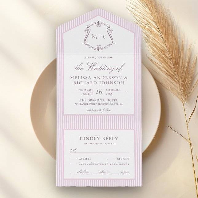 Invitation Tout En Un Mariage au monogramme de blason rayé lavande paste (Créateur téléchargé)