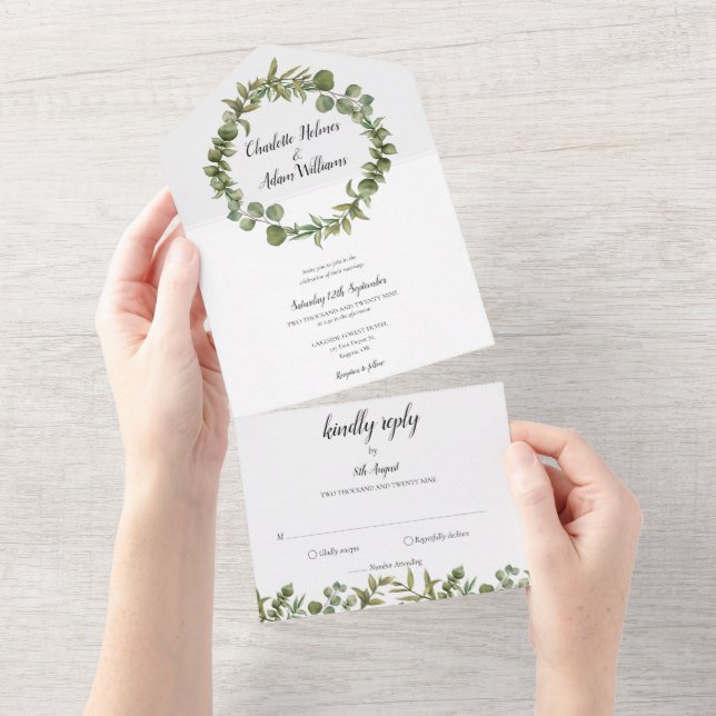 Invitation Tout En Un Mariage au monogramme de verdure d'eucalyptus (Déchirure)