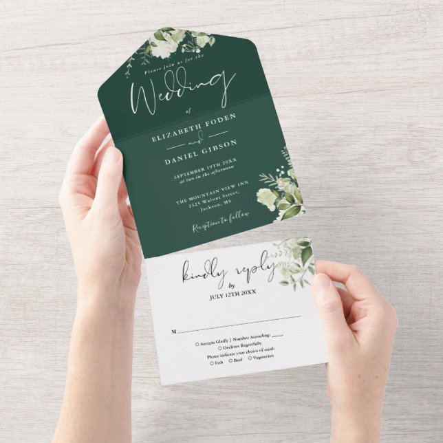 Invitation Tout En Un Mariage au motif de verdure émeraude avec monogram (Déchirure)