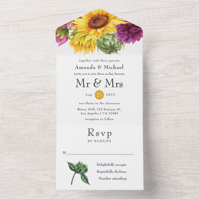 Invitation Tout En Un Mariage au Tournesol Rustique (À l'intérieur)