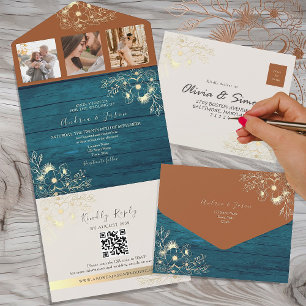 Invitation Tout En Un Mariage Automnal Rustique en Terre Cuite et Bleu T