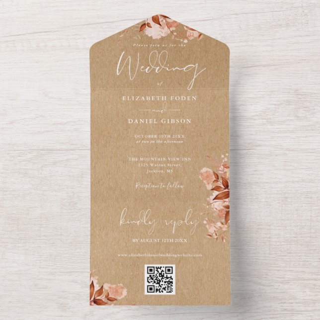 Invitation Tout En Un Mariage Automne Floral Rustique Code QR Kraft (À l'intérieur)