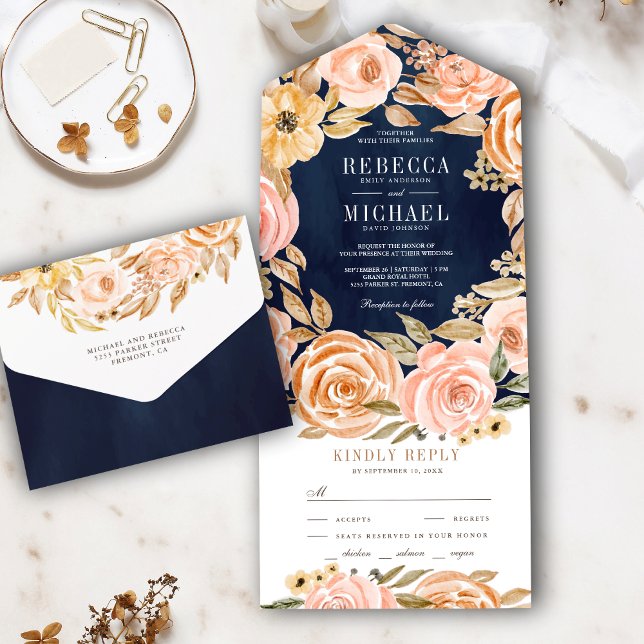 Invitation Tout En Un Mariage Automne Rustique Terreux Floral Bleu Nuit (Créateur téléchargé)