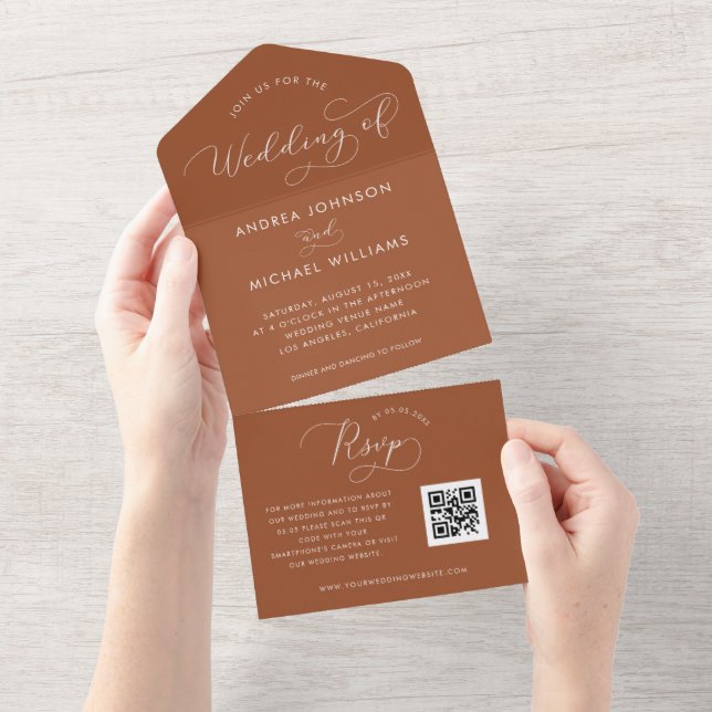 Invitation Tout En Un Mariage Automne Terracotta Script Code QR (Déchirure)
