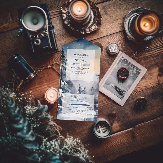 Invitation Tout En Un Mariage aux Arbres de Pin Aquarelle Rustique (Créateur téléchargé)