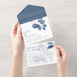 Invitation Tout En Un Mariage aux feuilles bleues à l'aquarelle moderne