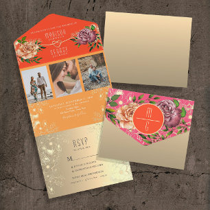 Invitation Tout En Un Mariage aux Fleurs Orange et Rose
