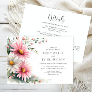Invitation Tout en Un Mariage aux Marguerites Roses et Blanch