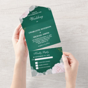 Invitation Tout En Un Mariage aux pivoines vert émeraude et rose blush v