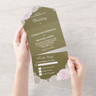 Invitation Tout En Un Mariage aux Pivoines Vert Olive et Rose Pâle Vinta