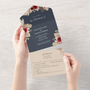Invitation Tout En Un Mariage aux Roses de Bourgogne et à l'Herbe de la 