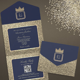 Invitation Tout En Un Mariage avec code QR en paillettes d'or de luxe et