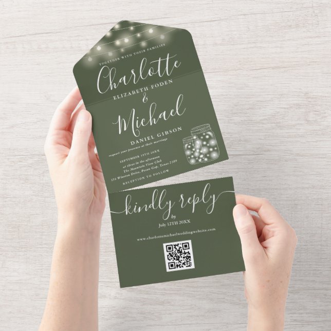Invitation Tout En Un Mariage avec code QR sur pot Mason avec guirlande  (Déchirure)