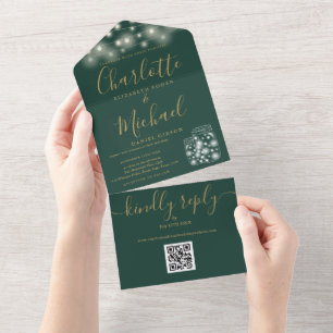 Invitation Tout En Un Mariage avec code QR vert et or sur pots Mason ill