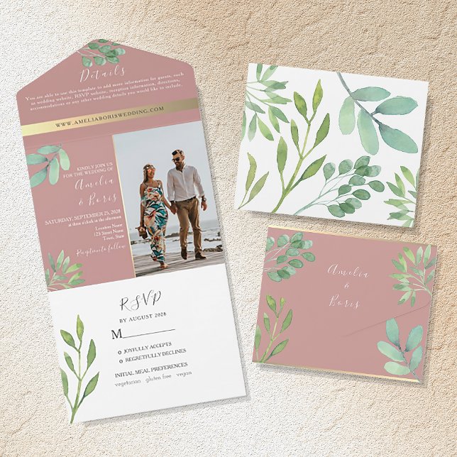 Invitation Tout En Un Mariage avec de la verdure rose poussiéreuse (Créateur téléchargé)
