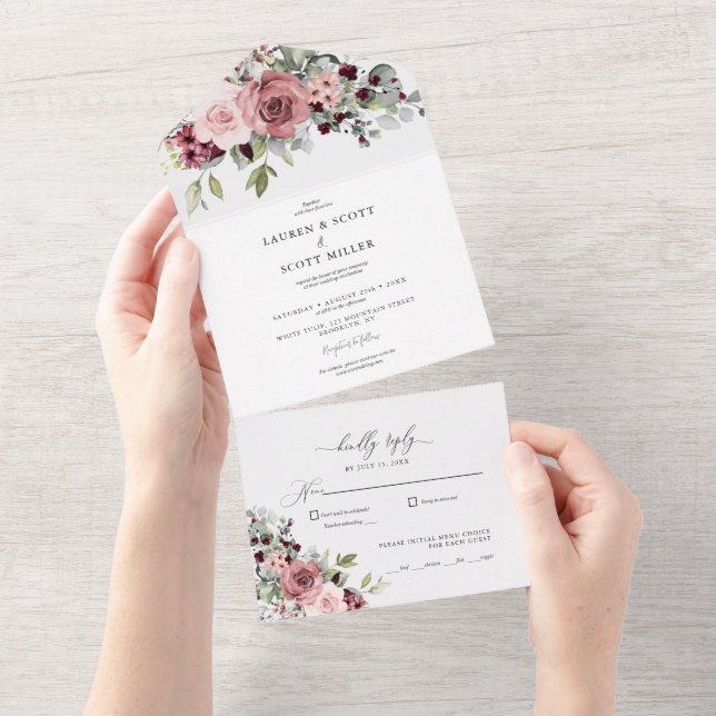 Invitation tout en un mariage avec des fleurs rose (Déchirure)
