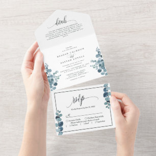 Invitation Tout En Un Mariage avec verdure d'eucalyptus bleu poussiéreux