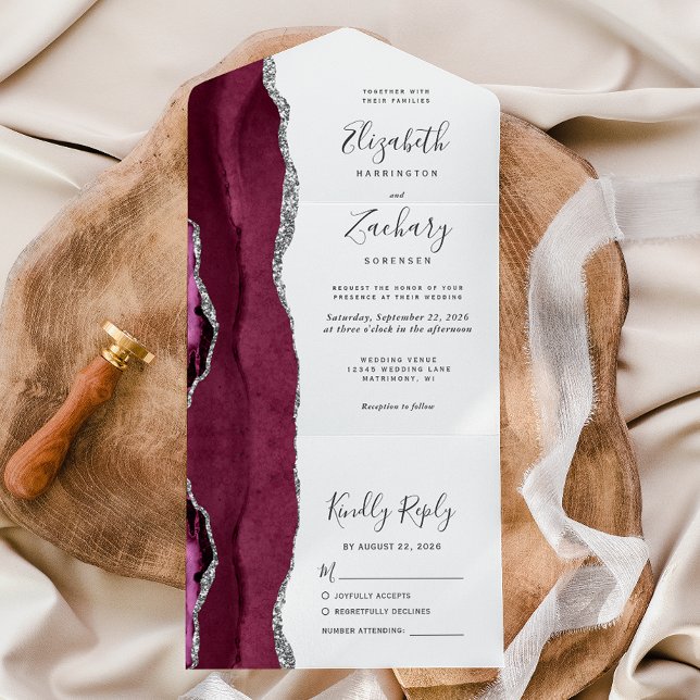 Invitation Tout En Un Mariage Blanc Agate Argent Bourgogne (Créateur téléchargé)