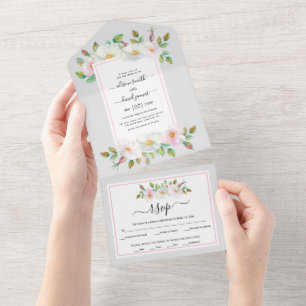 Invitation Tout En Un Mariage blanc, blanc, rose floral gris clair