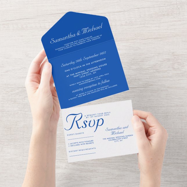 Invitation Tout En Un Mariage blanc bleu cobalt simple et épuré (Déchirure)